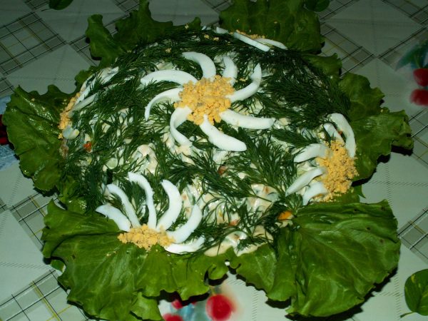 Салат на тарелке, украшенный варёными яйцами и зеленью