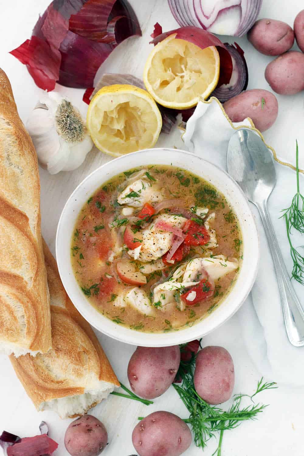 This Instant Pot Fish Stew is a delicious Mediterranean recipe year-round. It features sea bass, potatoes, and tomatoes, and it