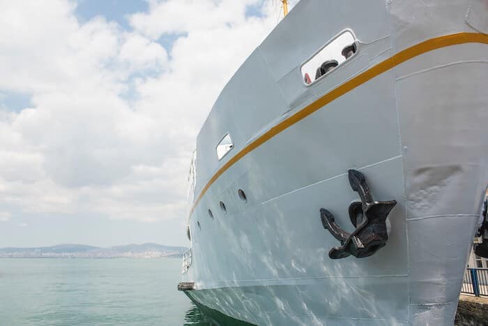 Stockless anchor mounted on a ship
