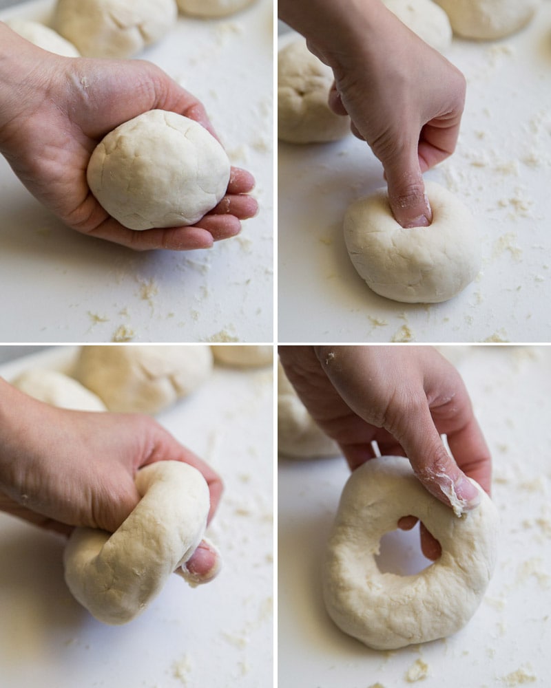 4 photos showing the process of forming dough into Bagels