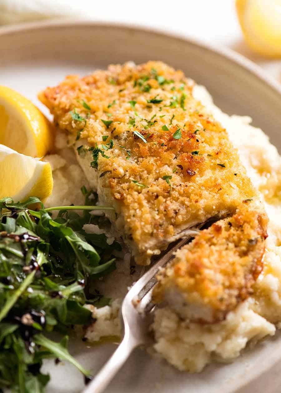 Easy Fish recipe - Parmesan Crumbed Fish served over cauliflower mash