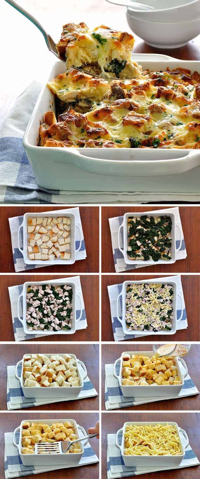 Spooning out Chicken and Spinach Strata, and process photos