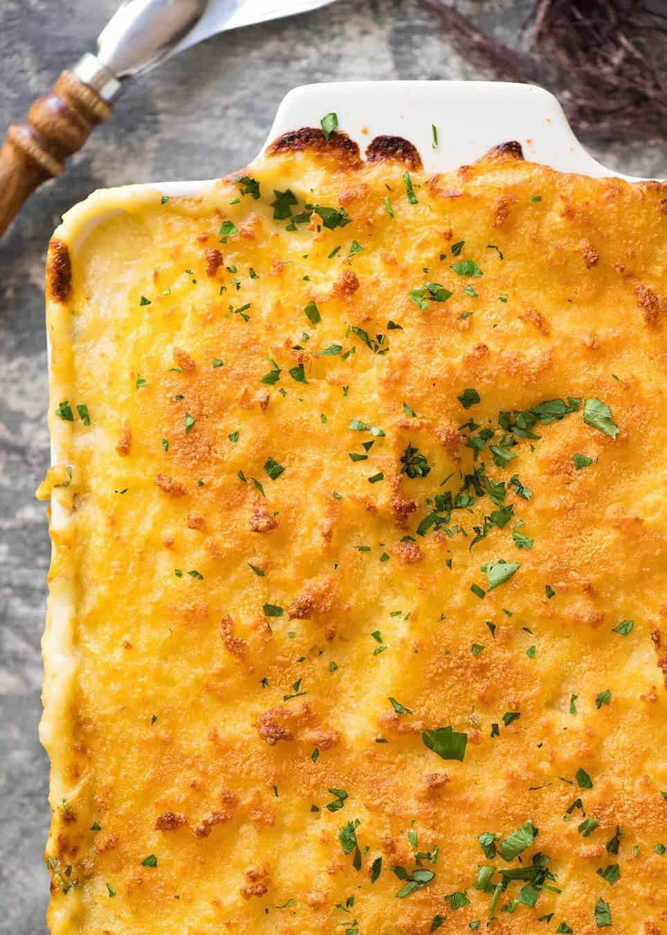 Golden brown crusty mashed potato topping of Fish Pie